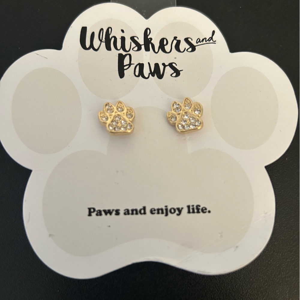 Gold & Rhinestone Dog Paw Stud Earrings NEW by Whiskers and Paws.